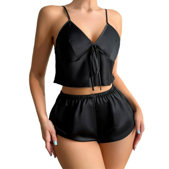 ZHENHONG Pajamas for Women, Ladies Suspenders Solid Color Suspenders Pajamas Thin Shorts Home Sexy Two Piece Pajamas Suit, Women's Sleepwear Black