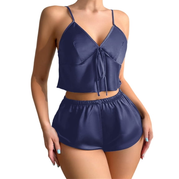 ZHENHONG Pajamas for Women, Ladies Suspenders Solid Color Suspenders Pajamas Thin Shorts Home Sexy Two Piece Pajamas Suit, Women's Sleepwear Blue