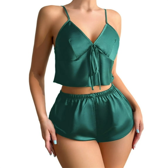 ZHENHONG Pajamas for Women, Ladies Suspenders Solid Color Suspenders Pajamas Thin Shorts Home Sexy Two Piece Pajamas Suit, Women's Sleepwear Green