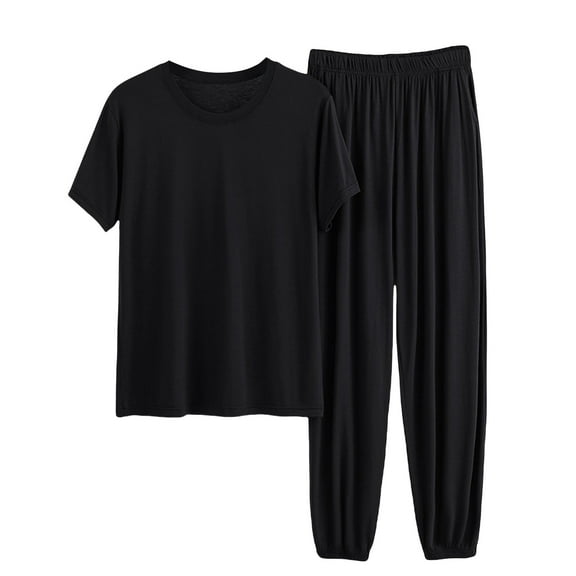ZHENHONG Pajamas for Women, Pajamas Sets Plus Size Fashion Solid Color Short Sleeves Base Shirts Tops Sweatpant Set, Women's Sleepwear Black