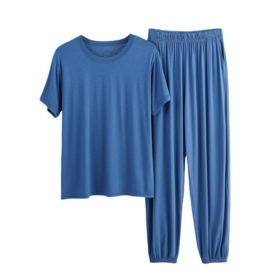 ZHENHONG Pajamas for Women, Pajamas Sets Plus Size Fashion Solid Color Short Sleeves Base Shirts Tops Sweatpant Set, Women's Sleepwear Blue