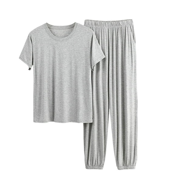 ZHENHONG Pajamas for Women, Pajamas Sets Plus Size Fashion Solid Color Short Sleeves Base Shirts Tops Sweatpant Set, Women's Sleepwear Gray