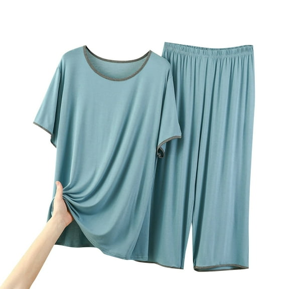 ZHENHONG Pajamas for Women, Round Neck Short Sleeved Home Wear Casual Pajama Set, Women's Sleepwear Blue