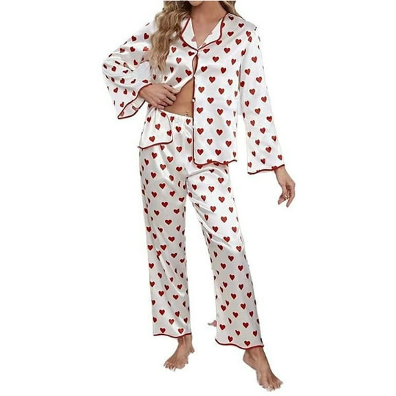 ZHENHONG Pajamas for Women, Set Casual Printed Lapel Soft Long Sleeve Sleepwear Sets Comfy 2 Piece Casual Pajama, Women's Sleepwear White