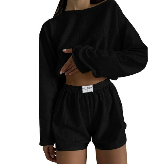 ZHENHONG Pajamas for Women, Solid Color Simple And Loose Pullover Lock Long Sleeved Top Shorts Pajamas Pajamas Suit, Women's Sleepwear Black