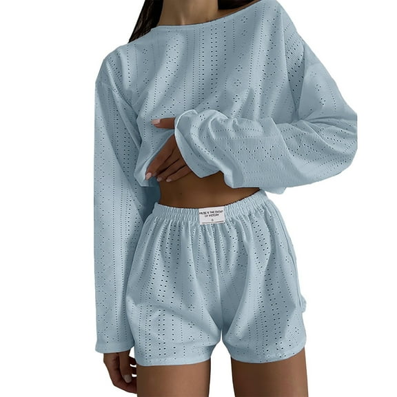 ZHENHONG Pajamas for Women, Solid Color Simple And Loose Pullover Lock Long Sleeved Top Shorts Pajamas Pajamas Suit, Women's Sleepwear Blue