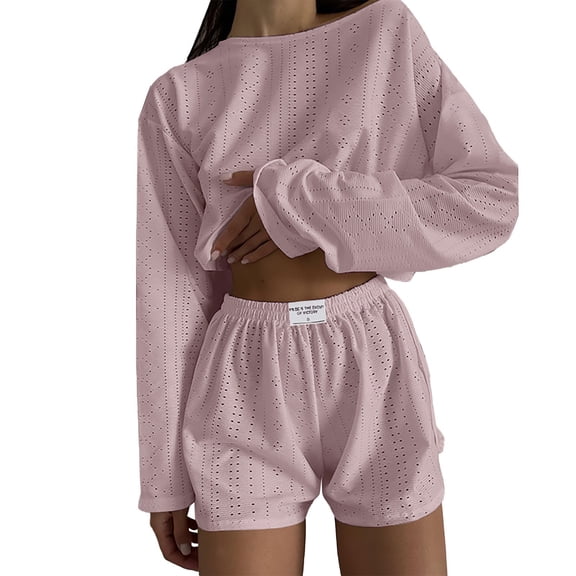 ZHENHONG Pajamas for Women, Solid Color Simple And Loose Pullover Lock Long Sleeved Top Shorts Pajamas Pajamas Suit, Women's Sleepwear Pink