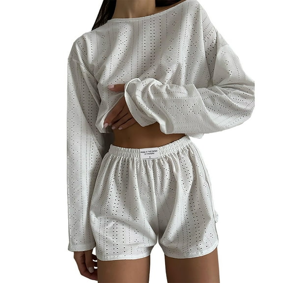 ZHENHONG Pajamas for Women, Solid Color Simple And Loose Pullover Lock Long Sleeved Top Shorts Pajamas Pajamas Suit, Women's Sleepwear White