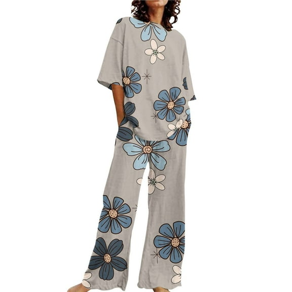 ZHENHONG Pajamas for Women, Summer Outfits 2 Cotton Linen Set Oversized T Shirts Straight Leg Pant Plus Size Tracksuit, Women's Sleepwear Gray