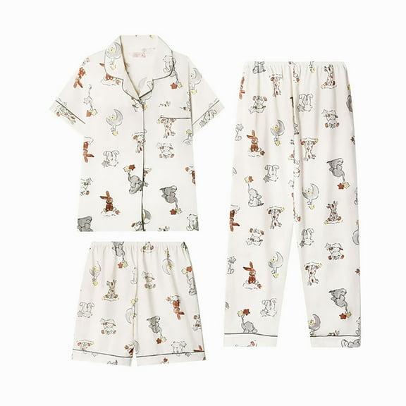 ZHENHONG Pajamas for Women, Summer Short Sleeve Lapel Pajama Set 3 Piece Plus Size, Women's Sleepwear Gray