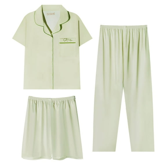 ZHENHONG Pajamas for Women, Summer Short Sleeve Lapel Pajama Set 3 Piece Plus Size, Women's Sleepwear Green