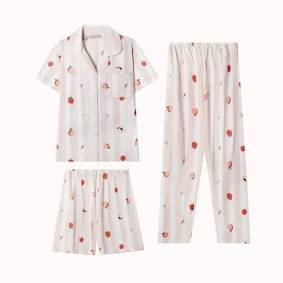 ZHENHONG Pajamas for Women, Summer Short Sleeve Lapel Pajama Set 3 Piece Plus Size, Women's Sleepwear Pink