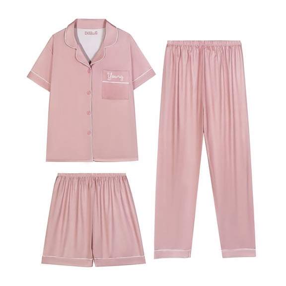 ZHENHONG Pajamas for Women, Summer Short Sleeve Lapel Pajama Set 3 Piece Plus Size, Women's Sleepwear Pink