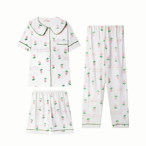 ZHENHONG Pajamas for Women, Summer Short Sleeve Lapel Pajama Set 3 Piece Plus Size, Women's Sleepwear White