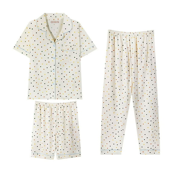 ZHENHONG Pajamas for Women, Summer Short Sleeve Lapel Pajama Set 3 Piece Plus Size, Women's Sleepwear Yellow