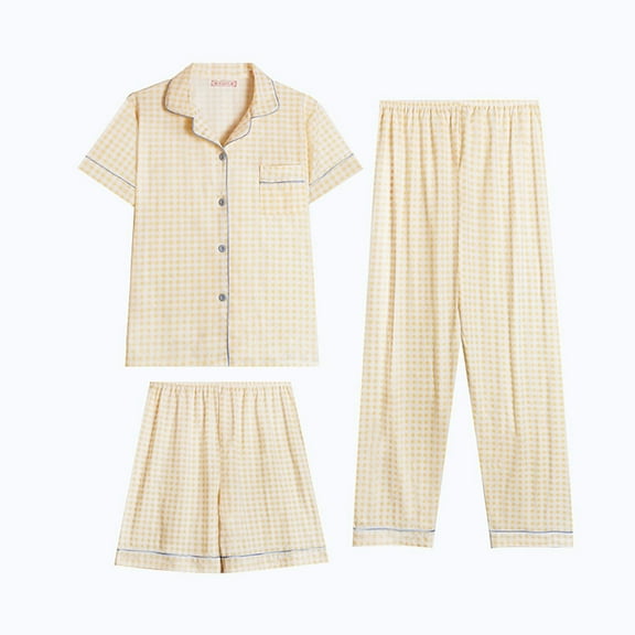 ZHENHONG Pajamas for Women, Summer Short Sleeve Lapel Pajama Set 3 Piece Plus Size, Women's Sleepwear Yellow