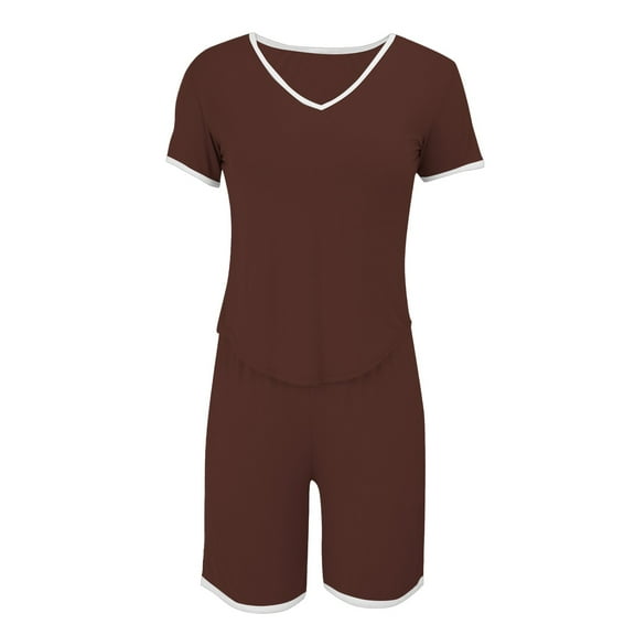 ZHENHONG Pajamas for Women, V Neck Contrasting Short Sleeved Top Shorts Pajamas Set Fashionable Home Wear, Women's Sleepwear Brown