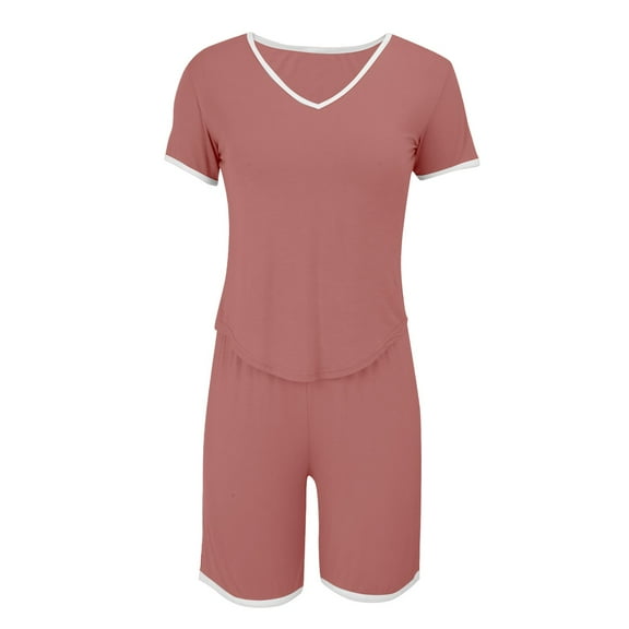 ZHENHONG Pajamas for Women, V Neck Contrasting Short Sleeved Top Shorts Pajamas Set Fashionable Home Wear, Women's Sleepwear Red