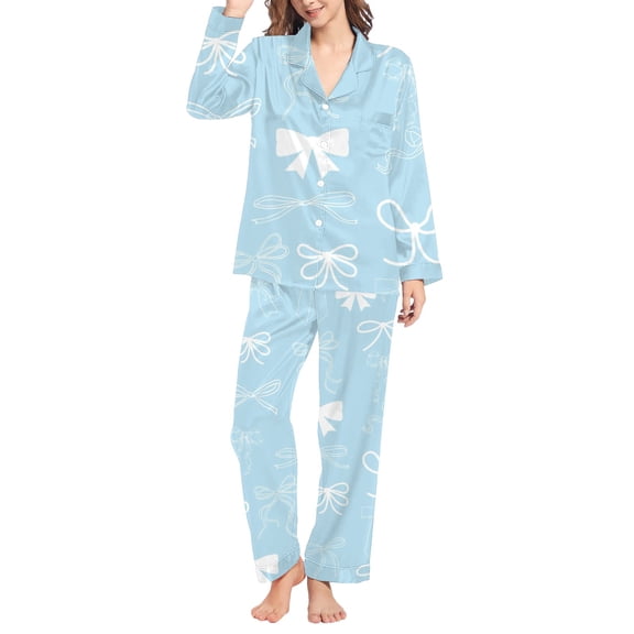 ZHENHONG Pajamas for Women, Winter Home Leisure Valentine's Day Bow Love Loose Imitation Satin Pajama Loungewear Set, Women's Sleepwear Blue