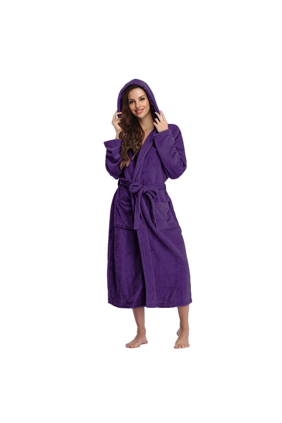Robes for Women, Casual Long Bathrobe Solid Color Robe With Waitband, Women's Sleepwear Purple
