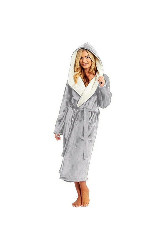 Robes for Women, Winter Plush Lengthened Shawl Bathrobe Home Clothes Long Sleeved Robe Coat, Women's Sleepwear Gray