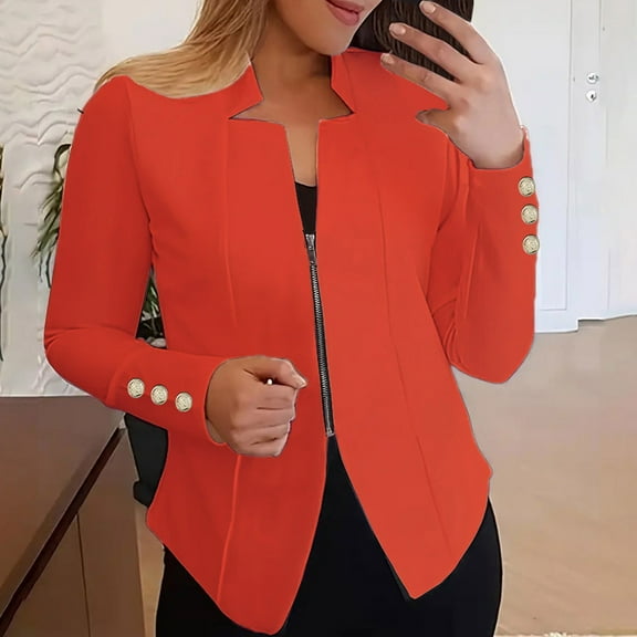 ZHENHONG Suit Jacket for Women, Women's Autumn Solid Color Zippered Cuffs Button Suit JacketJackets for Women