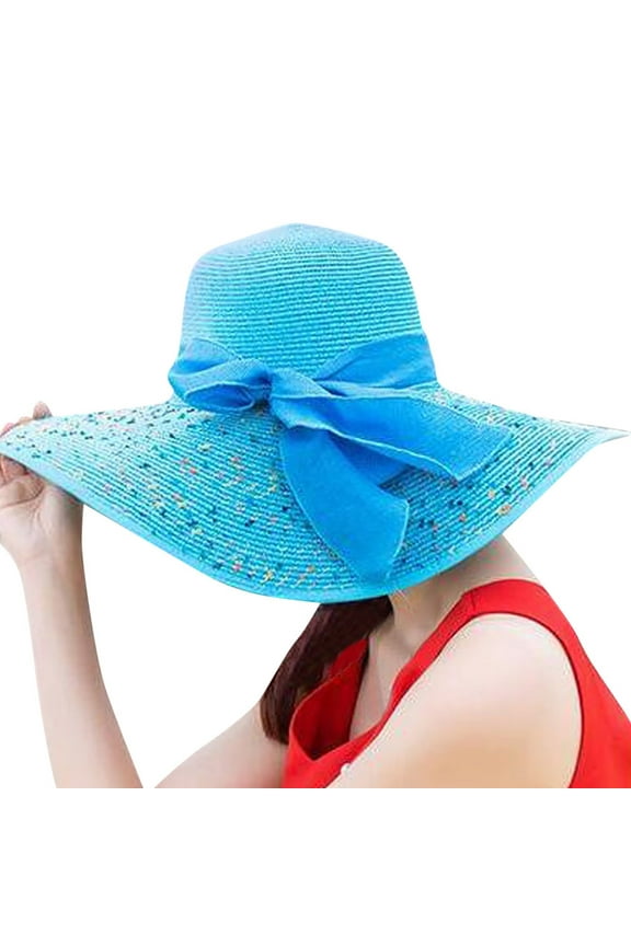 Sun Hats for Women Colorful Bow Straw Hat Floppy Wide Brim Beach Sunproof Hats Casual Solid Color Headwear Blue