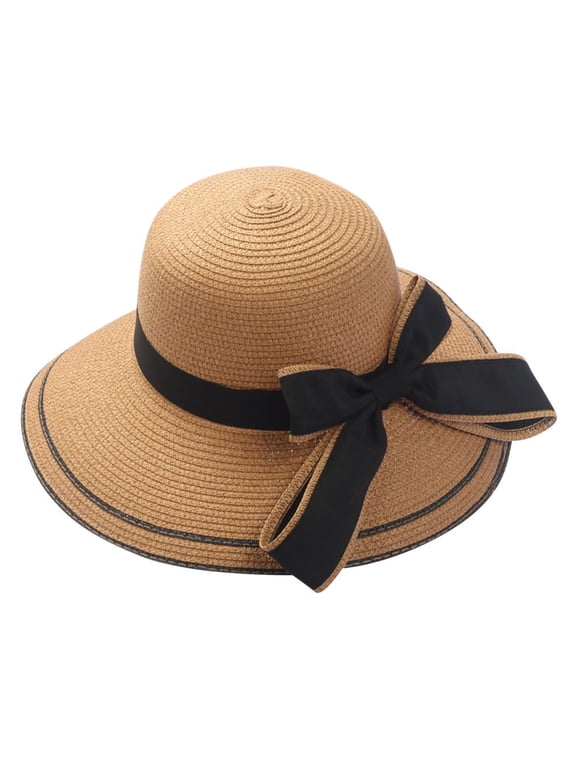 Sun Hats for Women Floppy Foldable Ladies Women Bow Straw Beach Sun Summer Hat Wide Brim Hats