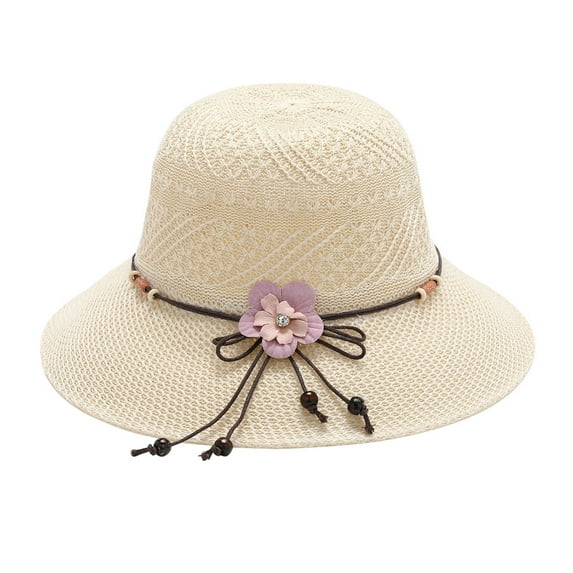 ZHENHONG Sun Hats for Women Foldable Fashion Bowknot Bucket Hat Beach Straw Sun Hat Casual Solid Color Headwear Beige