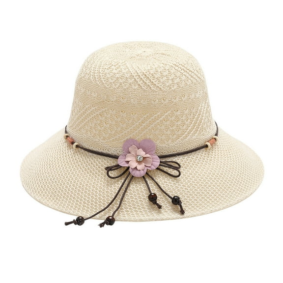 ZHENHONG Sun Hats for Women Foldable Fashion Bowknot Bucket Hat Beach Straw Sun Hat Casual Solid Color Headwear Beige