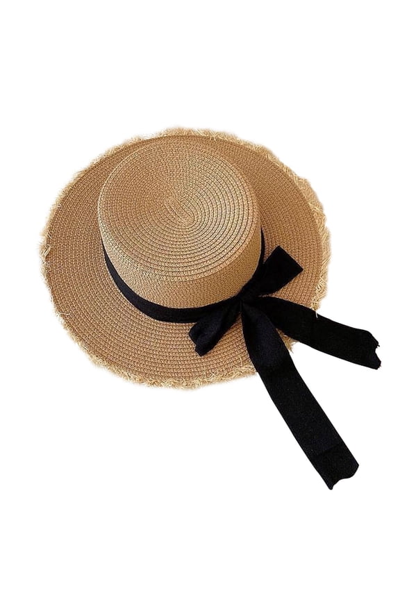 Sun Hats for Women Handmade Straw Hat With Burrs Brim Beach Vocation Sun Hat Casual Solid Color Headwear Black