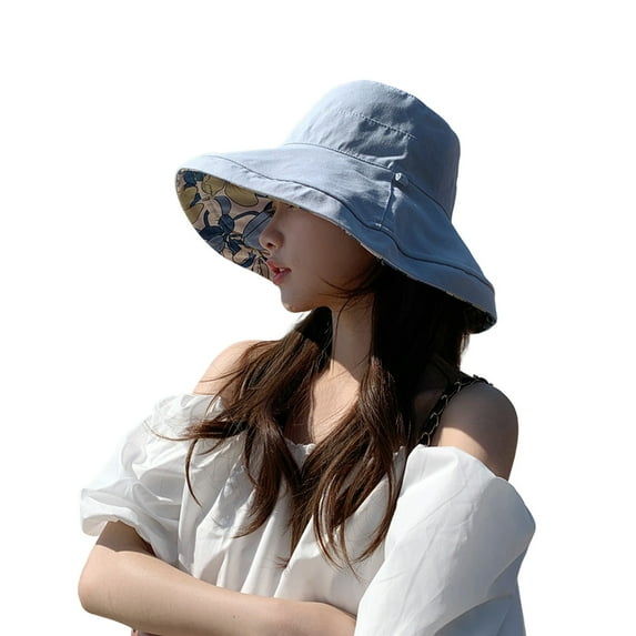 ZHENHONG Sun Hats for Women Outdoor Double-Side Flower Printed Floppy Sunscreen Hat Casual Solid Color Headwear Blue