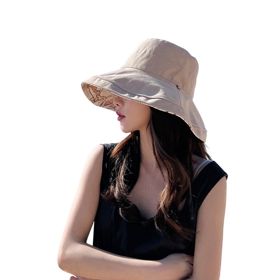 ZHENHONG Sun Hats for Women Outdoor Double-Side Flower Printed Floppy Sunscreen Hat Casual Solid Color Headwear Khaki
