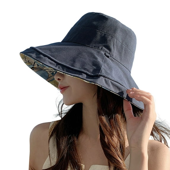 ZHENHONG Sun Hats for Women Outdoor Double-Side Flower Printed Floppy Sunscreen Hat Casual Solid Color Headwear Navy