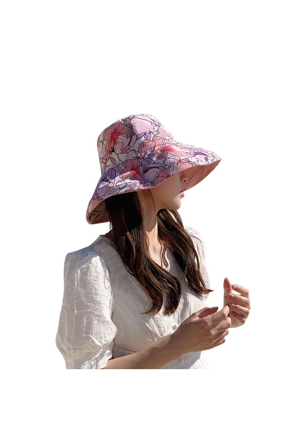 Sun Hats for Women Outdoor Double-Side Flower Printed Floppy Sunscreen Hat Casual Solid Color Headwear Pink
