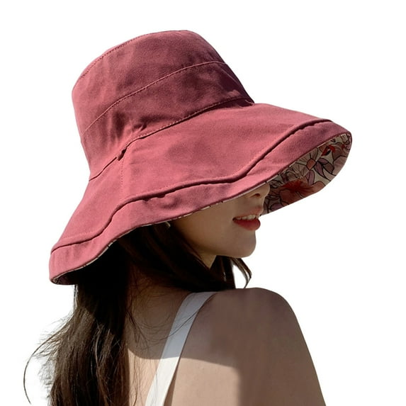 ZHENHONG Sun Hats for Women Outdoor Double-Side Flower Printed Floppy Sunscreen Hat Casual Solid Color Headwear Wine