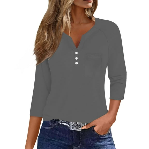 ZHENHONG T Shirts for Women,Casual 3/4 Sleeve V Neck Button Down Shirt Trendy Solid Loose Fit Pocket Tee,Gray Women Blouses