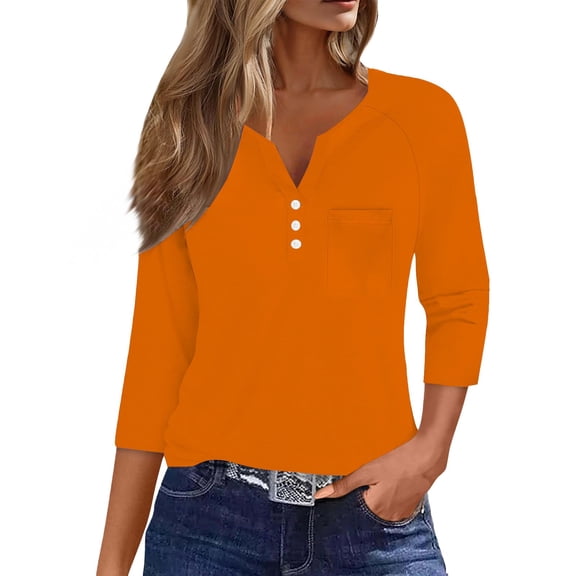 ZHENHONG T Shirts for Women,Casual 3/4 Sleeve V Neck Button Down Shirt Trendy Solid Loose Fit Pocket Tee,Orange Women Blouses