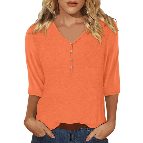 ZHENHONG T Shirts for Women,Casual 3/4 Sleeve V Neck T Shirts Plain Cute Loose Fit Henley Blouse,Orange Women Blouses