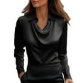 thumbnail image 1 of ZHENHONG T Shirts for Women,Casual Elegant Cowl Neck Satin Blouse Plain Drop Shoulder Long Sleeve Work Shirt,Black Women Blouses, 1 of 5