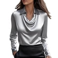 thumbnail image 1 of ZHENHONG T Shirts for Women,Casual Elegant Cowl Neck Satin Blouse Plain Drop Shoulder Long Sleeve Work Shirt,Gray Women Blouses, 1 of 6
