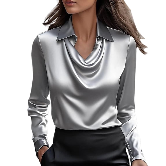 ZHENHONG T Shirts for Women,Casual Elegant Cowl Neck Satin Blouse Plain Drop Shoulder Long Sleeve Work Shirt,Gray Women Blouses