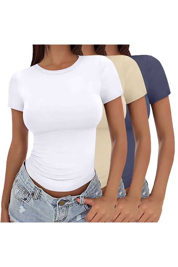 T Shirts for Women,Casual Round Neck Blouson Sleeve Crop Shirt Solid Fashion Slim Fit Top,Multicolor Women Blouses