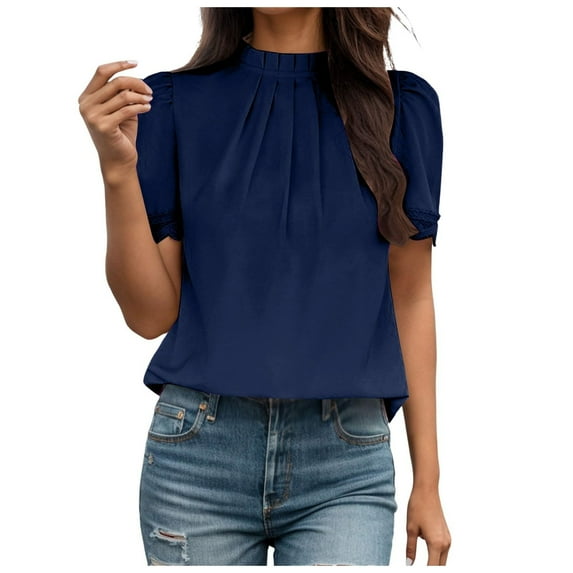 ZHENHONG T Shirts for Women,Casual Short Sleeve Mock Neck Loose T Shirt Solid Color Drop Shoulder Tops,Blue Women Blouses