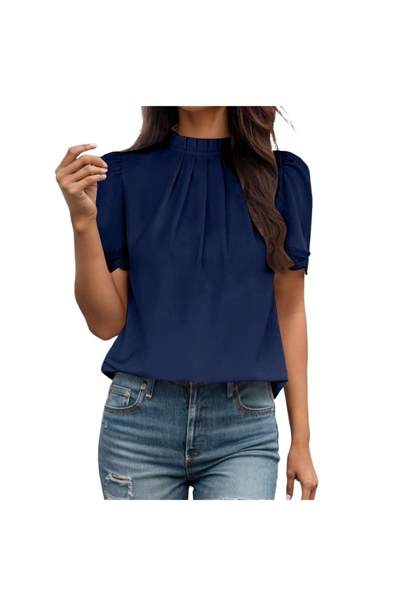 T Shirts for Women,Casual Short Sleeve Mock Neck Loose T Shirt Solid Color Drop Shoulder Tops,Blue Women Blouses