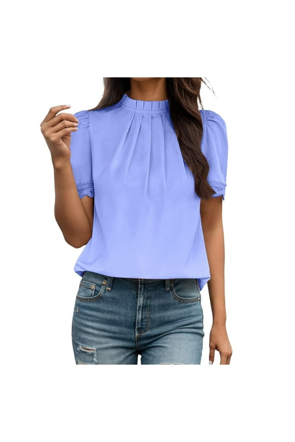 T Shirts for Women,Casual Short Sleeve Mock Neck Loose T Shirt Solid Color Drop Shoulder Tops,Blue Women Blouses
