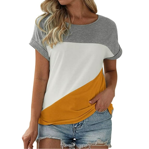 ZHENHONG T Shirts for Women,Casual Short Sleeved Loose Round Neck Tops Tredy Breathable Color Blocked T Shirts,Gold Women Blouses