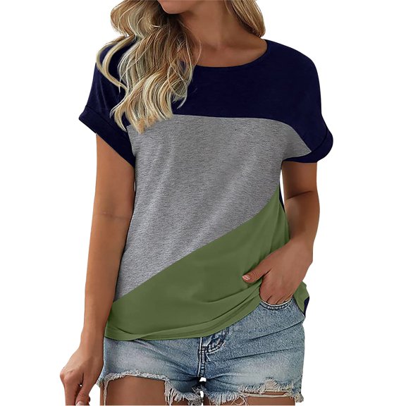 ZHENHONG T Shirts for Women,Casual Short Sleeved Loose Round Neck Tops Tredy Breathable Color Blocked T Shirts,Green Women Blouses