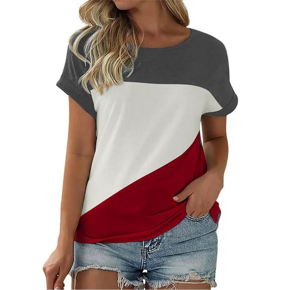 ZHENHONG T Shirts for Women,Casual Short Sleeved Loose Round Neck Tops Tredy Breathable Color Blocked T Shirts,Red Women Blouses