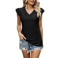thumbnail image 1 of ZHENHONG T Shirts for Women,Casual Short Sleeves V Neck Loose Blouse Solid Color Ruffle Sleeve Cocoon Shirt,Black Women Blouses, 1 of 7